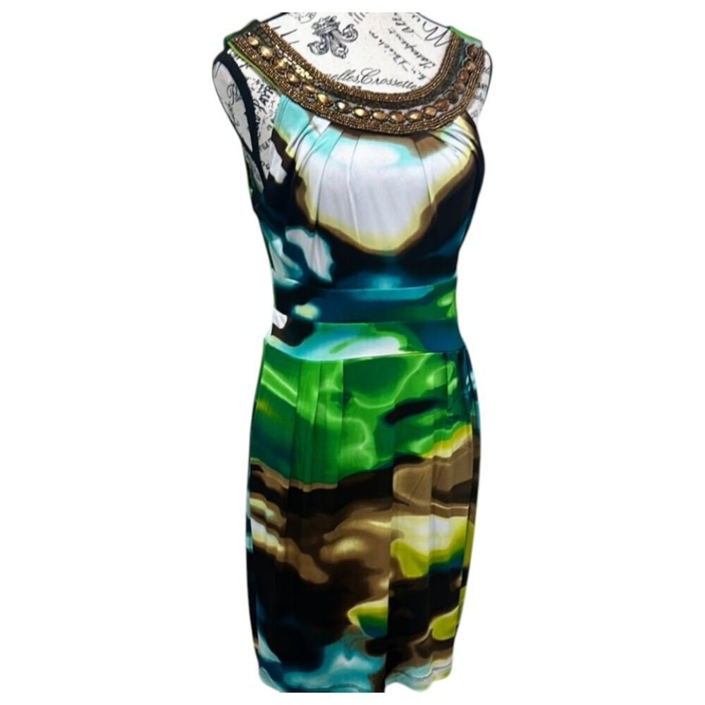 Bisou Bisou Beaded Neck Abstract Mini Dress A-Line Sleeveless Women’s 10